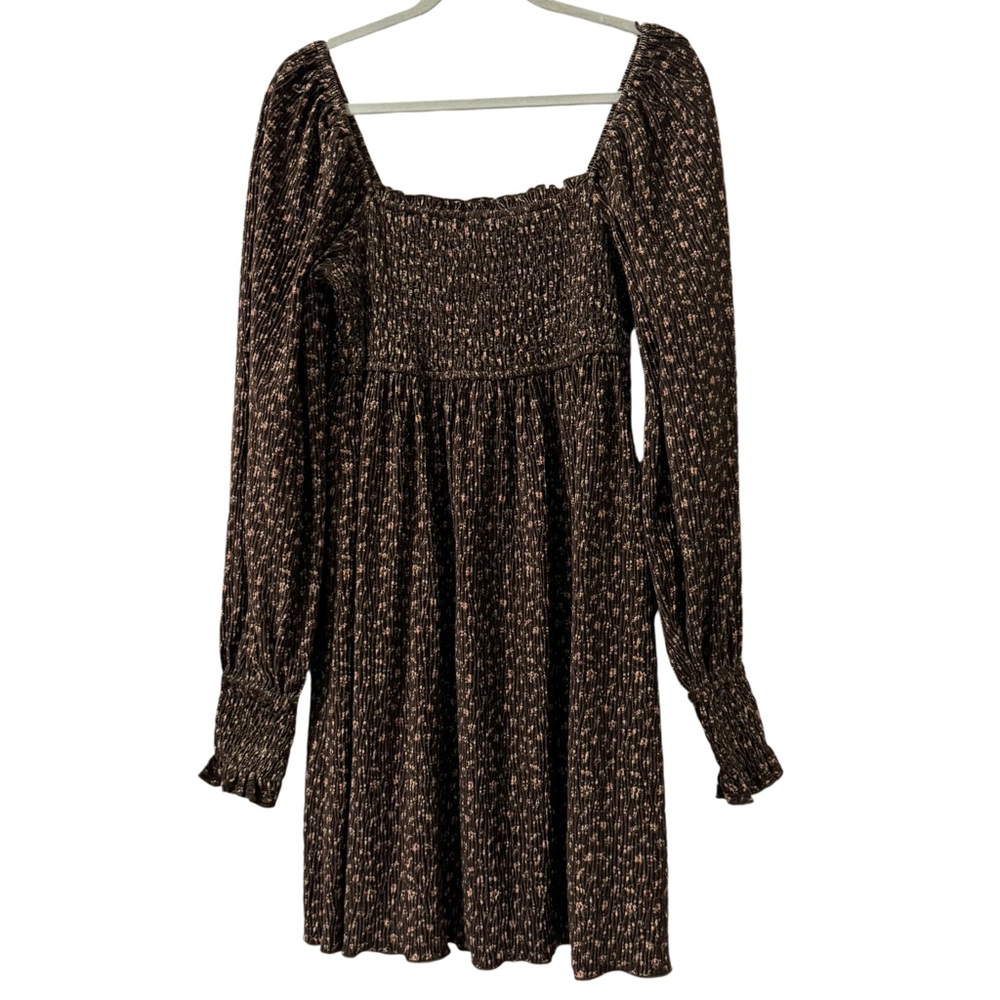 Jacquie The Label Smocked Square Neck‎ Dress Large Brown Micro Floral Romantic